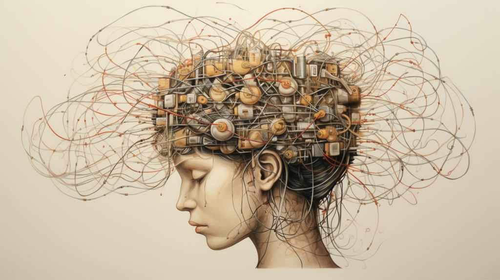 Metaphysical illustration of a woman's brain filled with artificial thoughts.