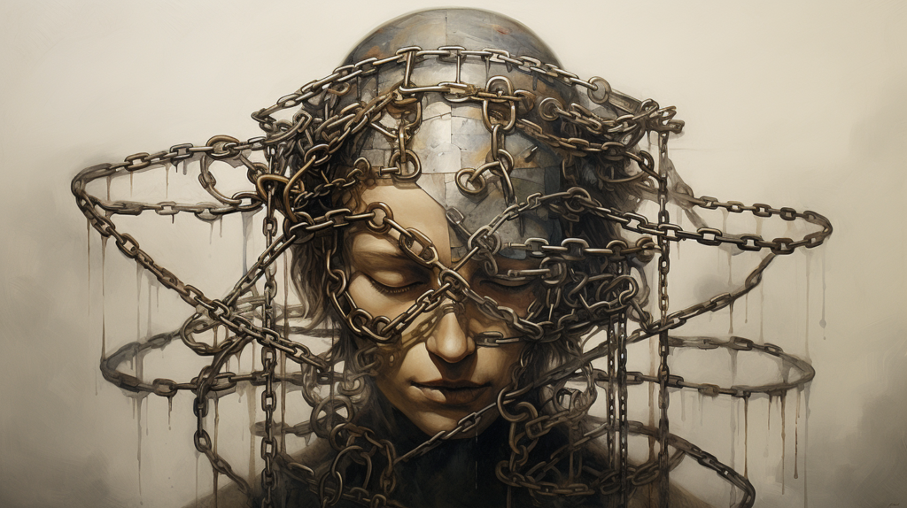A woman's head in chains represents someone controlled by their thoughts, although the chains are an illusion.