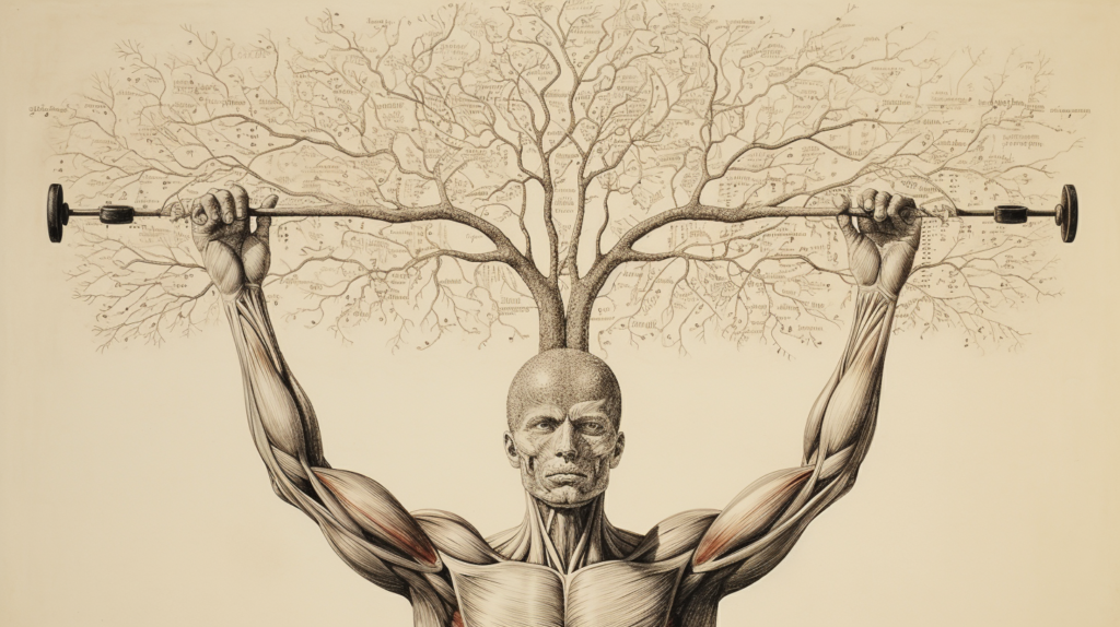 Metaphysical sketch of man weight training with thoughts.